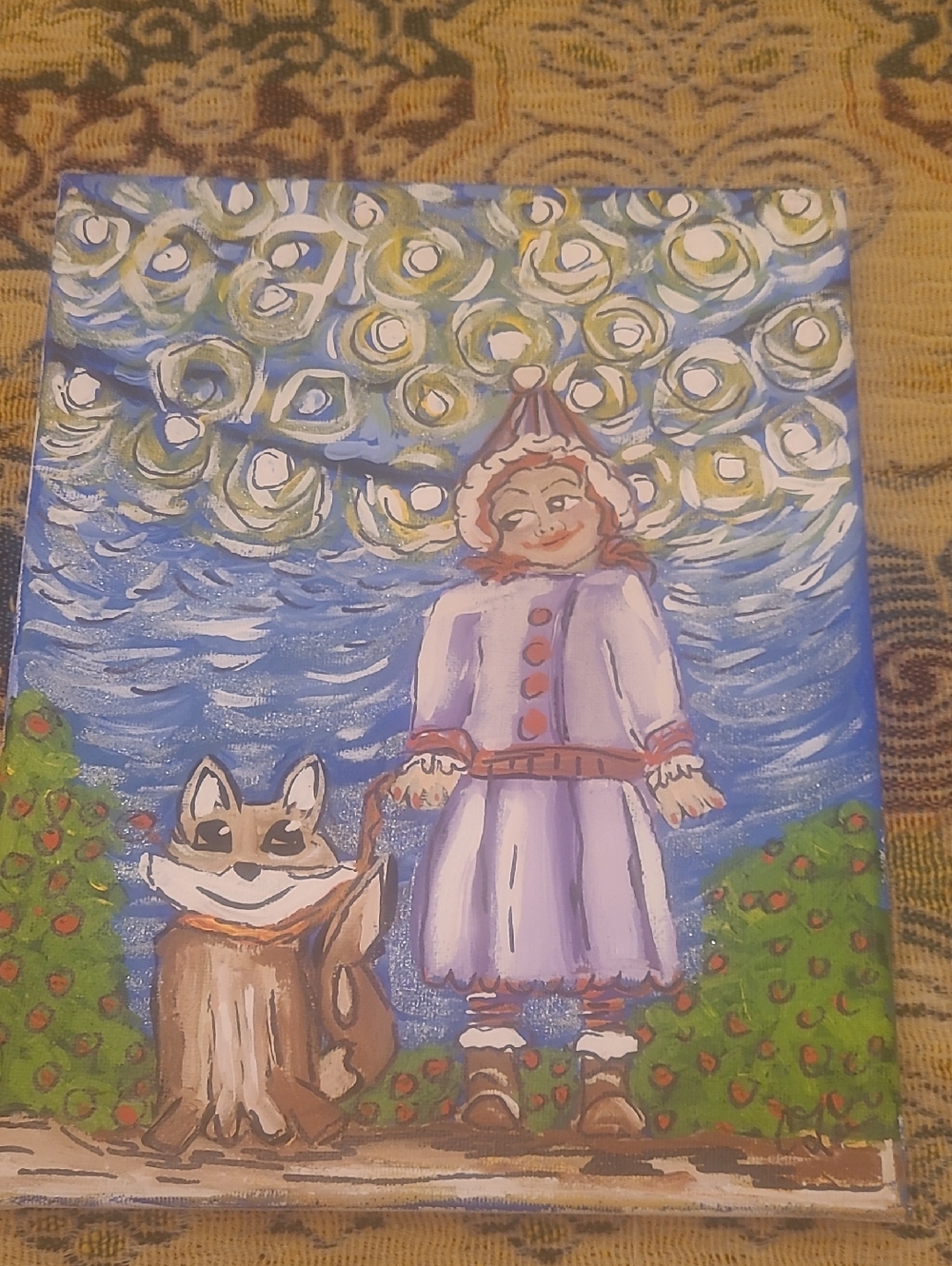 Purple Girl and Fox Hand-Painted Canvas Wall Art